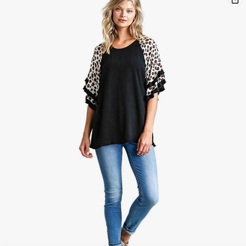 NWT Umgee Plus Animal Print Leopard Layered Bell Sleeve Ruffle Tunic